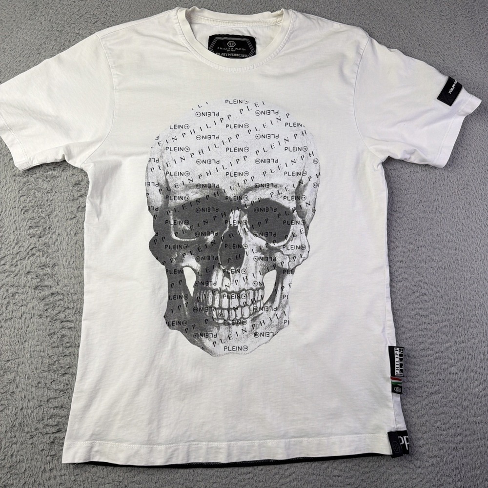 PHILIPP PLEIN Round Neck Skull T-Shirt Men's large White raised letters on Skull